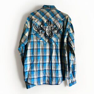 Muskogee Mens 2XL Western Shirt Blue Plaid Pearl Snap‎ Cotton Blend